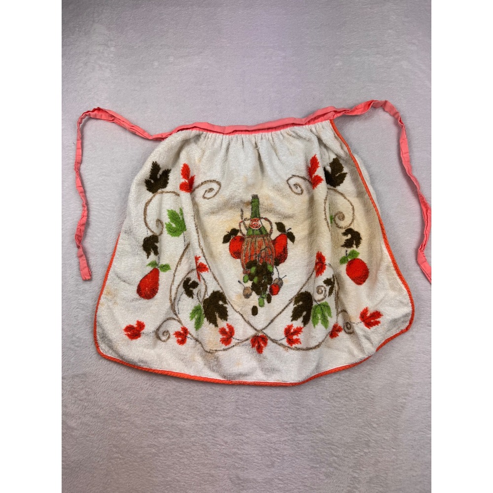 Vintage Cannon Terry Cloth Half Apron Fruit Grapes Leaves Retro Kitchen White